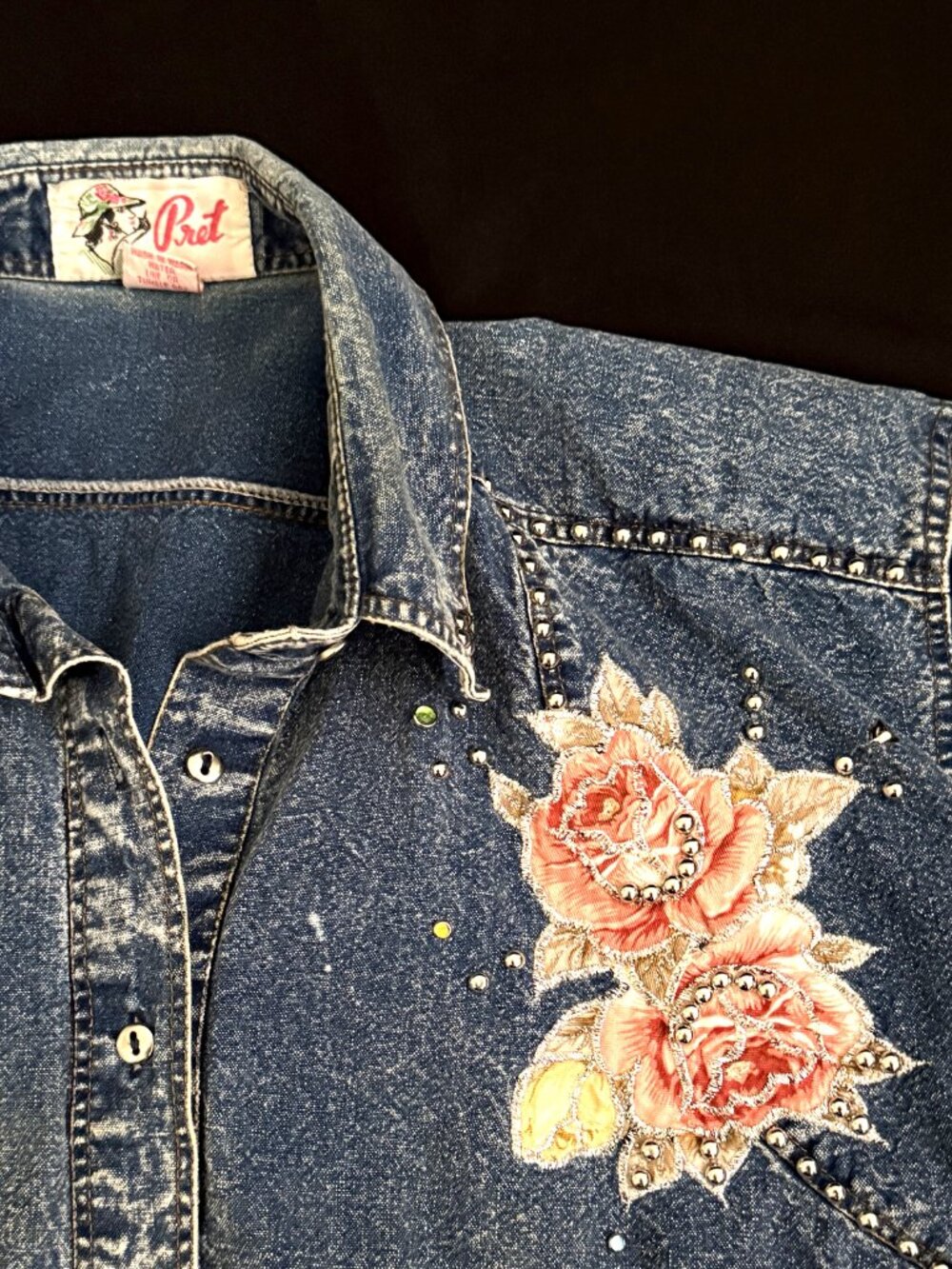 Pret Womens Denim Shirt Large Blue Embroidered 100% Cotton Metal Studs